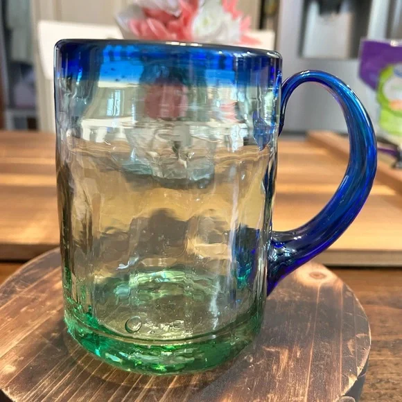 Hand-Blown Mexican Glass Mugs w/Cobalt Blue Rims & Applied Handles,set Of 2 - Picture 2 of 11